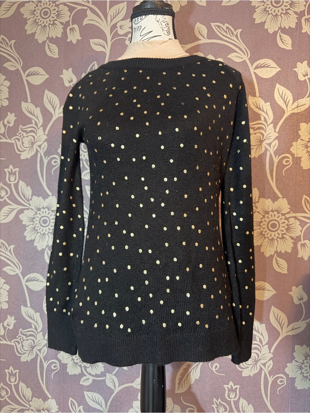 LOFT NWT Black Crewneck Sweater with Gold Dot Accents - Size XS